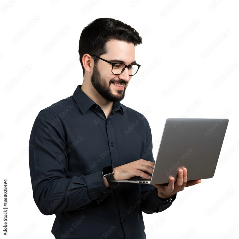Businessman Holding Laptop, Smiling While Engaging with Media and Sharing Content Online, PNG format Businessman Holding Laptop, Smiling While Engaging with Media and Sharing Content Online, PNG format