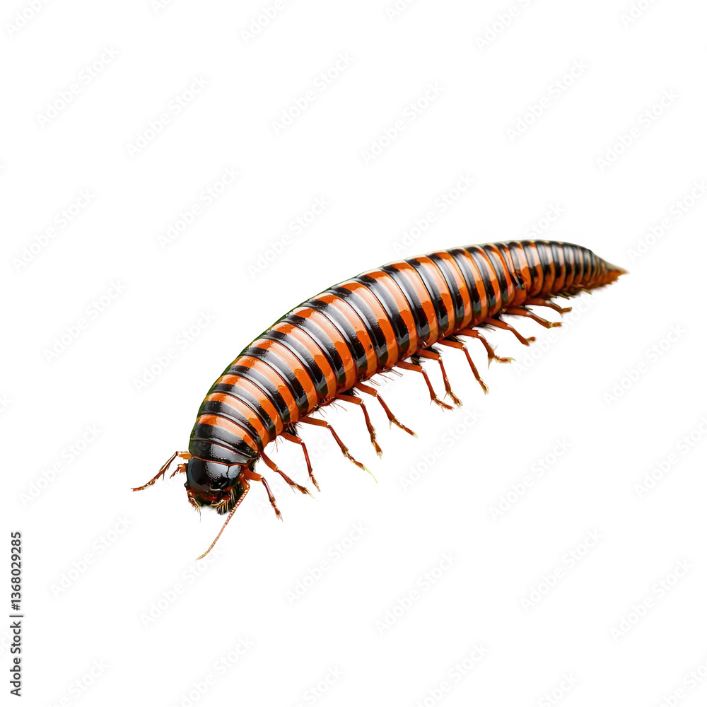 Unique cylindrical insect with striking black and orange stripes, showcasing its segmented body and numerous legs against a crisp white background Unique cylindrical insect with striking black and orange stripes, showcasing its segmented body and numerous legs against a crisp white background