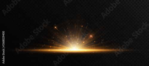The effect of a bright golden flash of light on a transparent background with rays and glare. Light yellow light blur effect. Vector illustration 10 EPS for web design.	