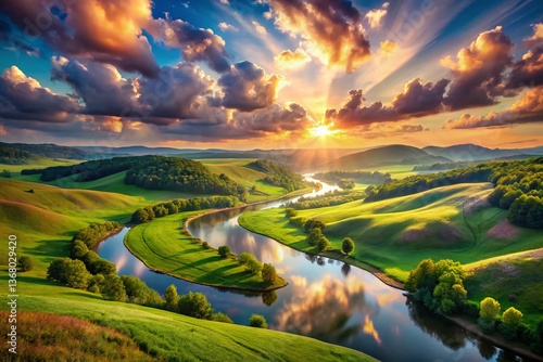 Serene Animated Hills, Flowing River, Colorful Sky - Double Exposure Landscape