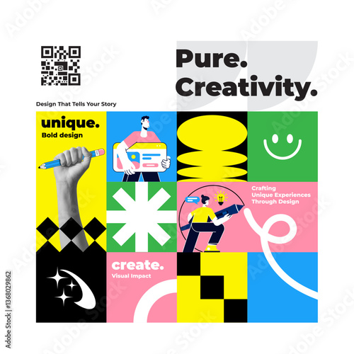 The abstract collage banner for Creative design or Designer portfolio. The halftone hand and geometric elements, modern design. Social media template. Vector illustration