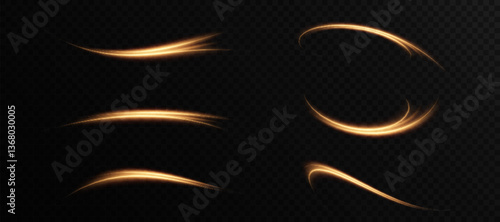 Orange gold light trail with neon effect bright glow on black background. Curved line with bright rays for futuristic and technological design.