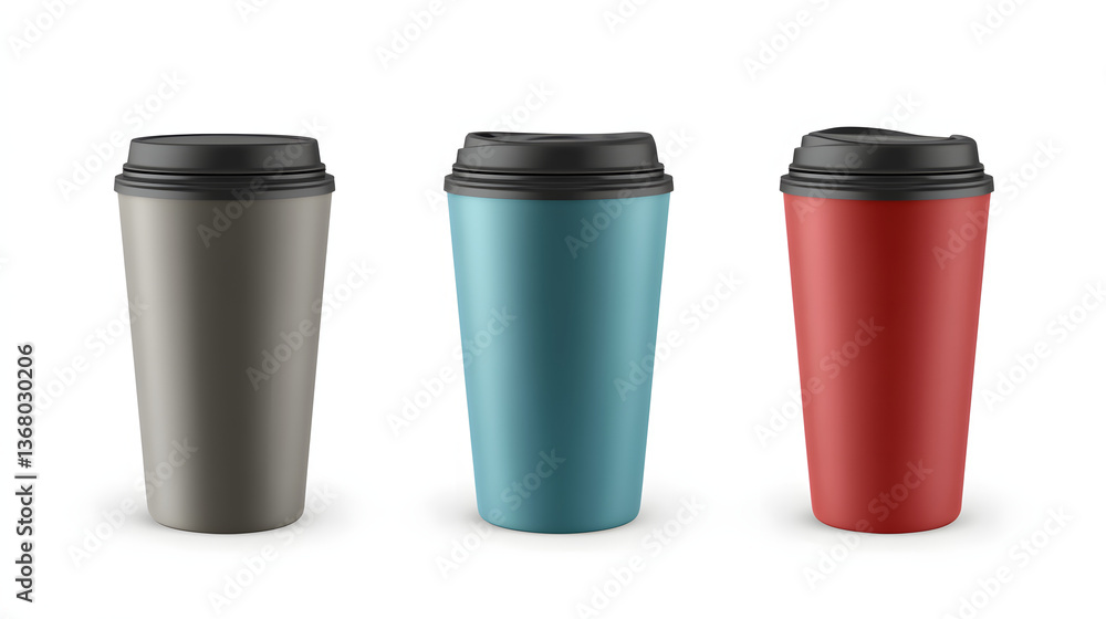 Three Realistic Travel Mugs in Gray, Teal, and Red with Black Lids Surrounded by Ample Copy Space for Customizable Text and Ideas for ing Three Realistic Travel Mugs in Gray, Teal, and Red with Black Lids Surrounded by Ample Copy Space for Customizable Text and Ideas for ing