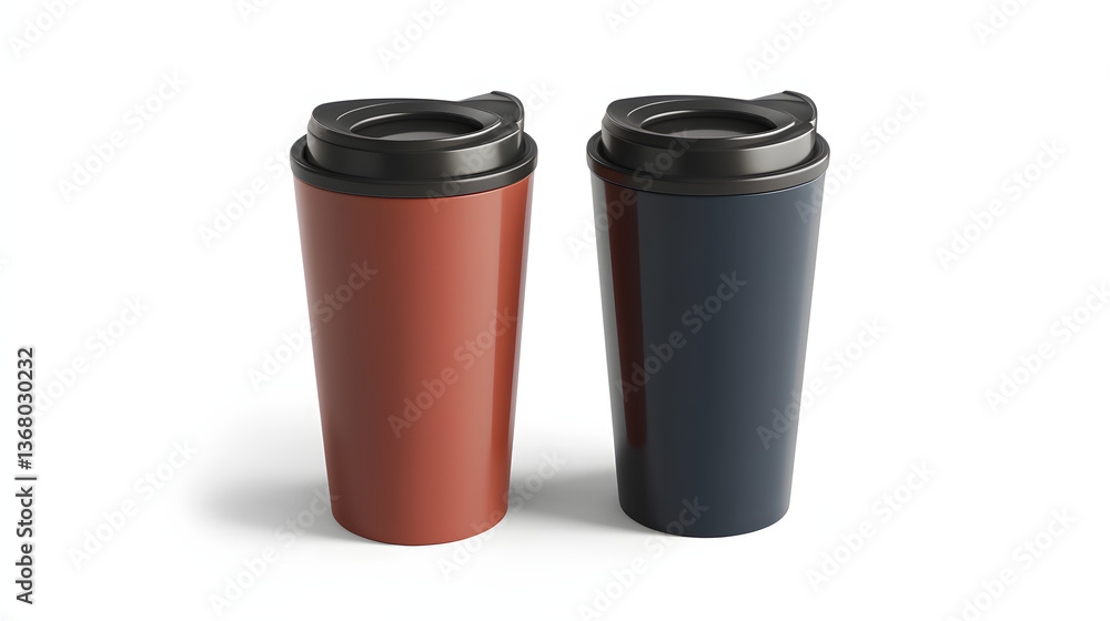 Two stylish travel mugs in rust and navy blue with black lids positioned side-by-side on a clean white background for ample ing copy space Two stylish travel mugs in rust and navy blue with black lids positioned side-by-side on a clean white background for ample ing copy space