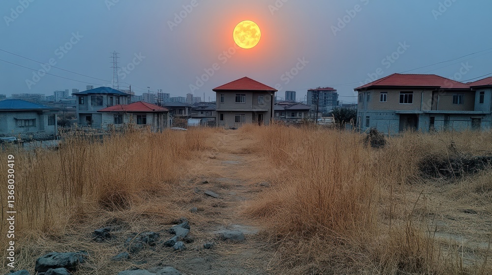 Obraz premium Large orange moon setting over small houses and dry grass