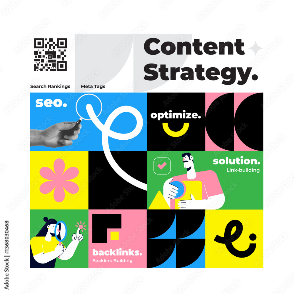 Obraz premium Geometric Data Analysis and Seo collage set. Trendy collage design with hand drawn elements for poster in trendy halftone style Business data and market concept. Vector illustration