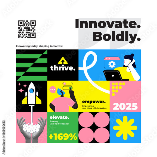 Fashionable geometric collage. Startup business concept, fast business startup, creative marketing and Innovation. Trendy modern retro illustration in bright trendy colors. Strategic planning. Vector