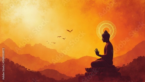 Vesak, Buddha Purnima. Painting of a Buddhist monk sitting on a rock with a sun in the background. The monk is holding his hands together in a prayer position