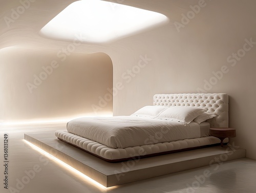 Stylish modern bedroom with low illuminated platform bed, curved architecture and soft lighting in cozy minimalist interior