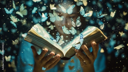 Magical transformation: butterflies emerge as woman reads enchanting book