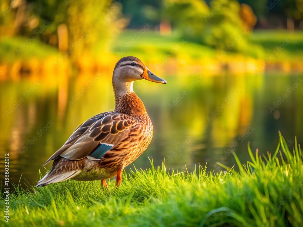 Serene Brown Duck by Pond's Edge, Green Grass, Nature Scene Serene Brown Duck by Pond's Edge, Green Grass, Nature Scene