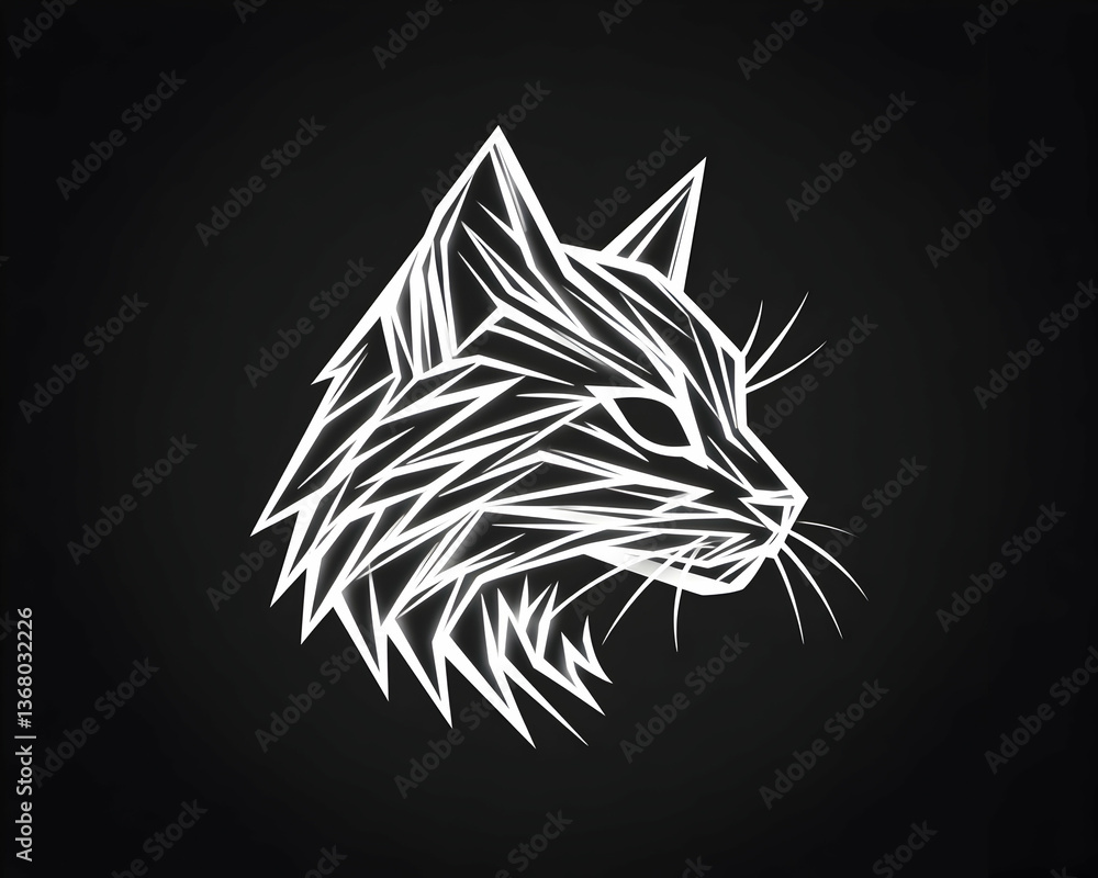 Obraz premium Geometric white cat head profile on black background