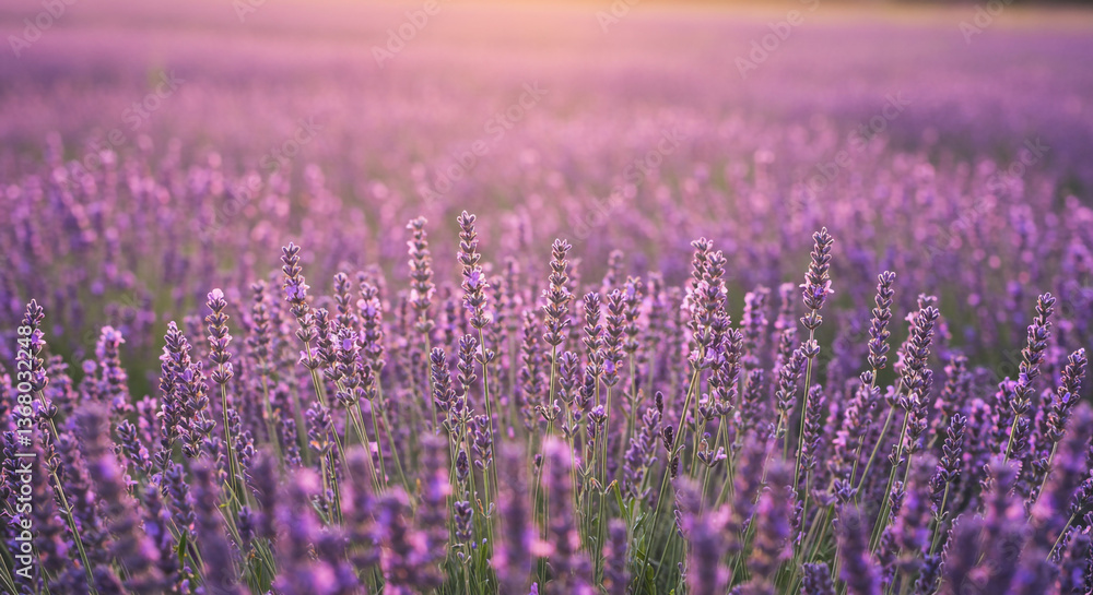 Naklejka premium A serene lavender field bathed in the golden light of sunset, a tranquil and peaceful scene evoking calm and serenity with soft focus and warm tones.