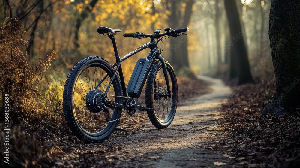 Fototapeta premium E-bike on autumn trail. Sunlight filters through trees
