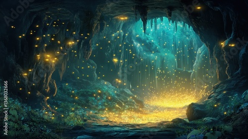 Enchanting cave interior illuminated by bioluminescent fireflies.