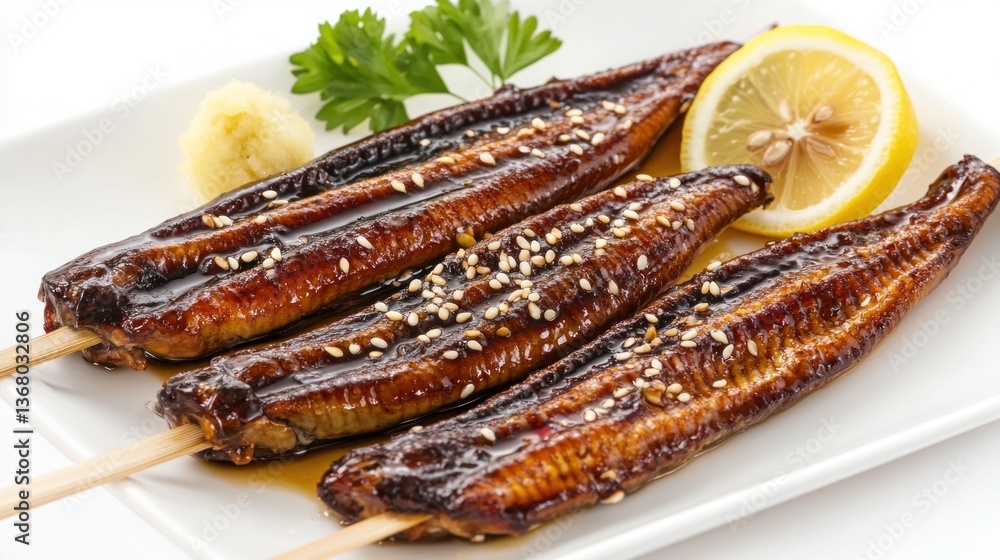 Delicious Grilled Unagi Skewers, Japanese Cuisine Delicious Grilled Unagi Skewers, Japanese Cuisine