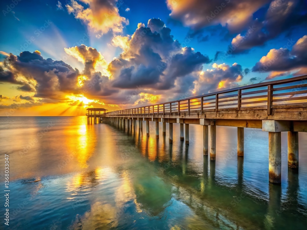 Fototapeta premium Serene Coastal Pier at Sunset: Stunning Ocean View Stock Photo