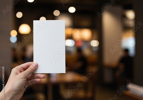 Menu Card mockup. Holding white blank menu card mockup with blurrd resturent.
