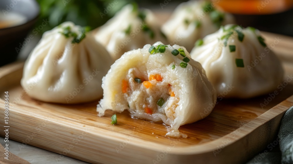 A close-up of freshly steamed with a soft, fluffy texture and a bite taken out to reveal the delicious filling, placed on a wooden serving board. A close-up of freshly steamed with a soft, fluffy texture and a bite taken out to reveal the delicious filling, placed on a wooden serving board.
