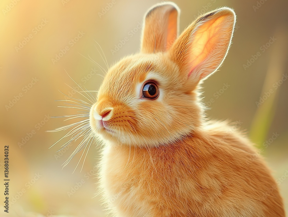 Fototapeta premium brown bunny with big shiny eyes and tilted ears, set against creamy beige background, radiating warmth and gentle innocence.