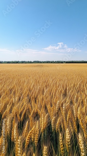Golden wheat field under a clear blue sky