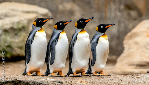 Four king penguins standing in a row, facing forward, on a rocky surface