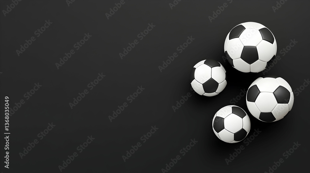 Fototapeta premium Four soccer balls on dark background, space for text