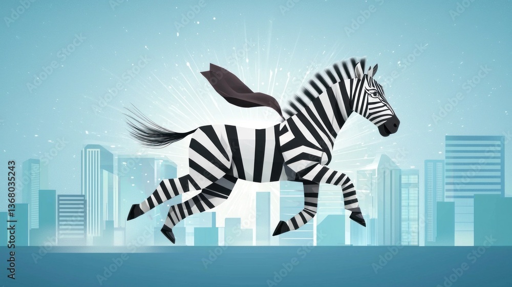 Fototapeta premium Superhero zebra running through urban cityscape digital artwork bright and playful dynamic viewpoint