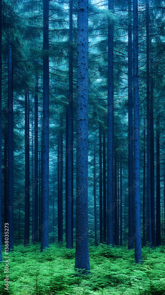 Fototapeta premium Eerie blue forest with tall, slender trees and vibrant green undergrowth