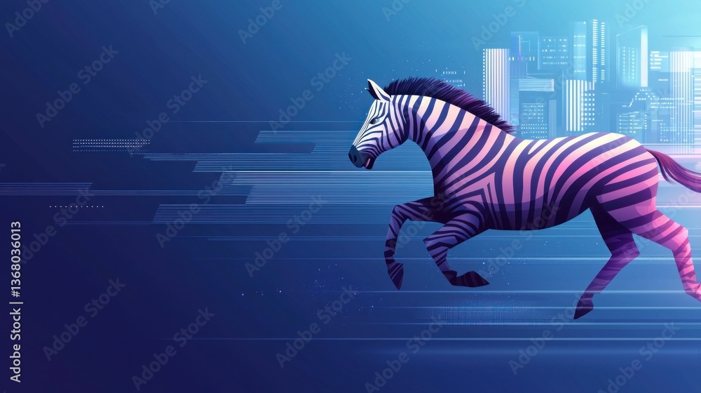 Fototapeta premium Dynamic zebra running through futuristic cityscape digital art urban environment vibrant viewpoint modern concept