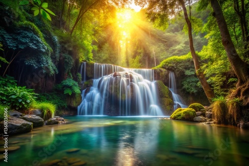 Serene Hidden Waterfall in Lush Forest - Bokeh Photography
