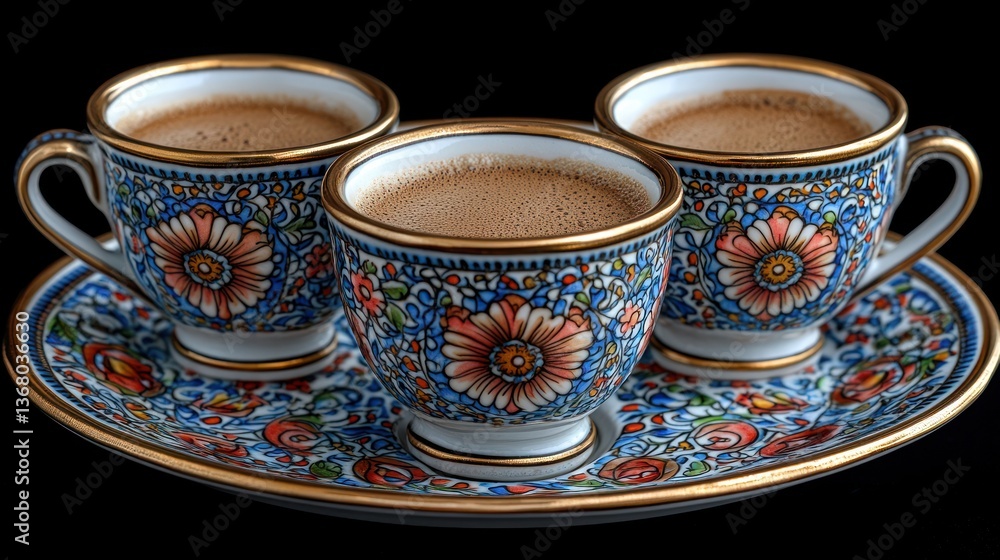 Fototapeta premium Three ornate coffee cups on a matching saucer. Rich colors and detailed floral designs