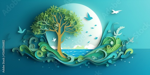 Simplified paper art design of the Earth with trees, water waves, and fish inside it. The planet