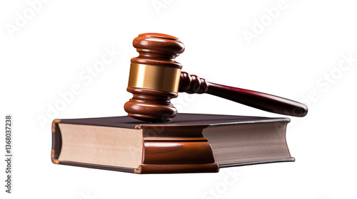 Wooden gavel resting atop a large legal book on black ground