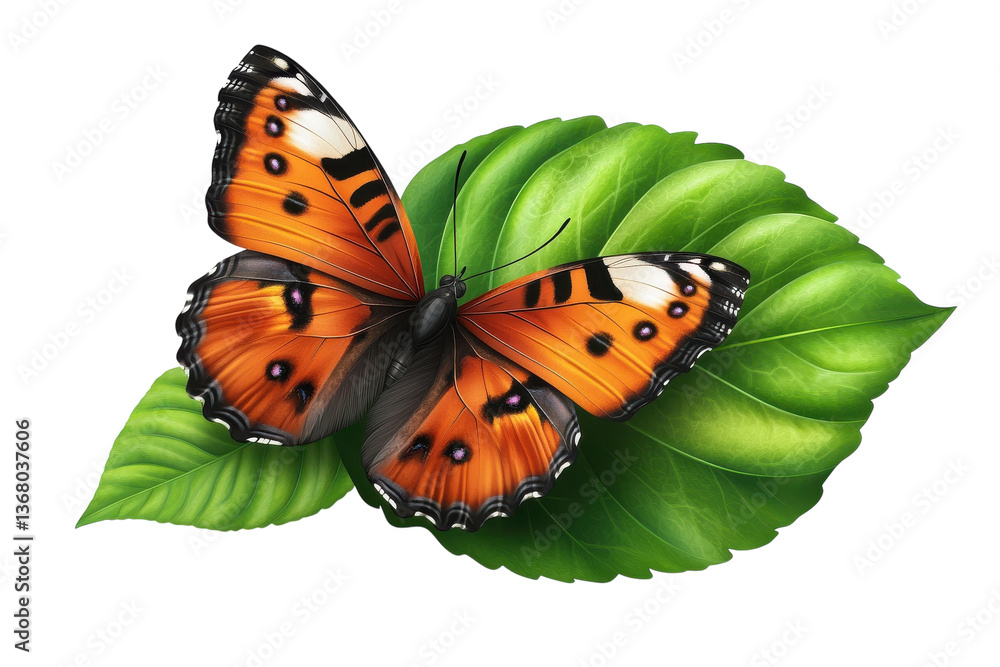 Obraz premium A vibrant orange butterfly delicately perched on lush green leaves, a moment of serene beauty captured in rich detail and soft light.