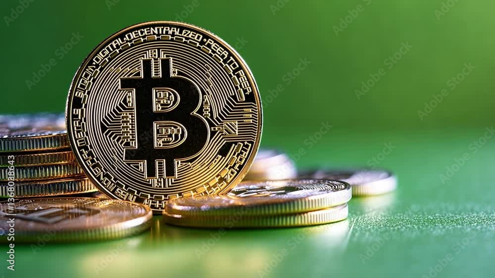 Bitcoin's Metallic Reflection: A glistening golden bitcoin coin stands prominently against a backdrop of subtly blurred coins, symbolizing the world of cryptocurrency and digital finance.