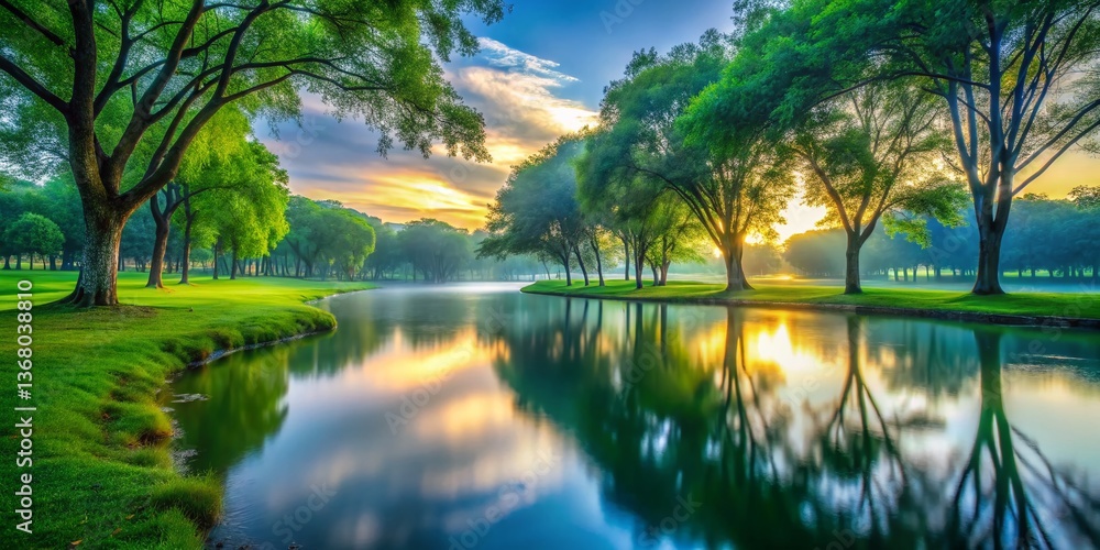 Obraz premium Serene Long Exposure: Lush Green Park, Tall Trees, Tranquil Landscape