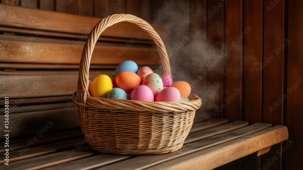 Easter sauna offer for spring spa and wellness, Easter eggs in a basket