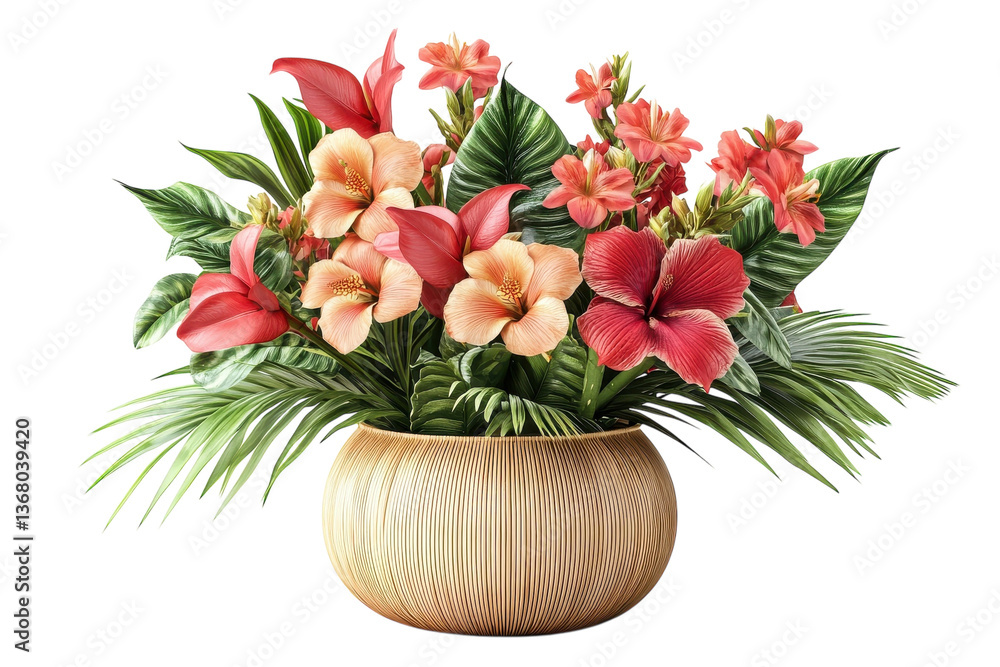 Obraz premium A vibrant tropical flower arrangement in a light wood bowl, showcasing peach and coral hibiscus, lilies, and lush green foliage, creating a summery, exotic feel.
