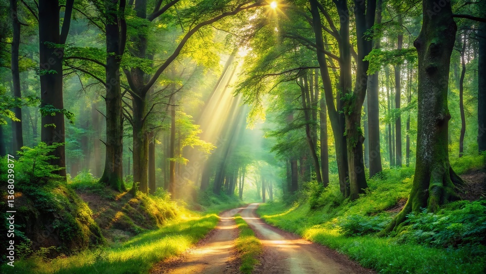 Obraz premium Serene Misty Forest Path: Panoramic Nature Photography