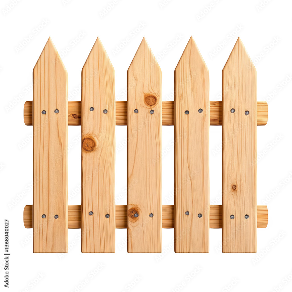 Wooden picket fence panel with five pointed tops, showcasing natural wood texture and grain suitable for garden or landscape use in a backyard setting Wooden picket fence panel with five pointed tops, showcasing natural wood texture and grain suitable for garden or landscape use in a backyard setting
