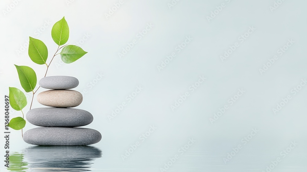 Obraz premium Balanced stones with green leaves above a calm water surface, symbolizing tranquility and nature.