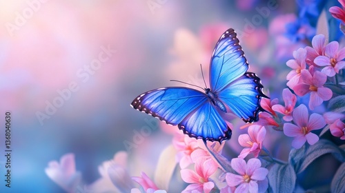 Blue Butterfly Resting on Pink Flower Blossoms in Soft Light