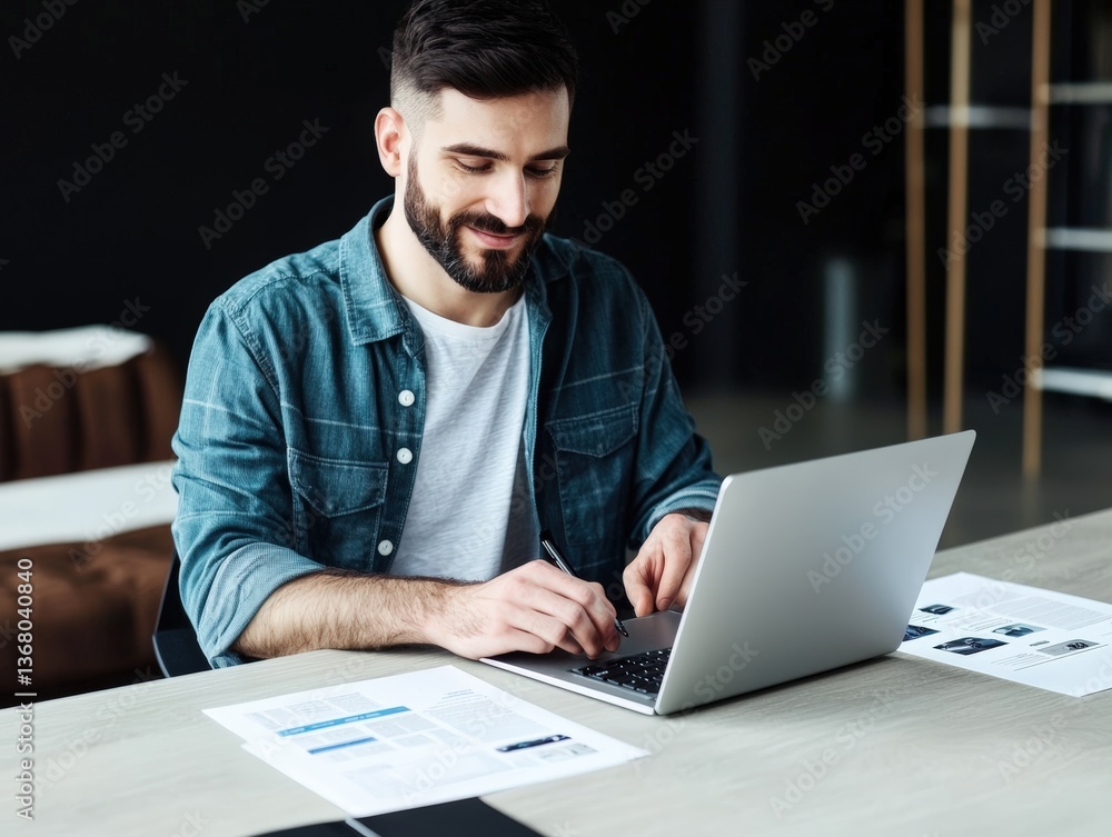 Young professional working diligently on a laptop while reviewing car loan options and analyzing financial data online Young professional working diligently on a laptop while reviewing car loan options and analyzing financial data online