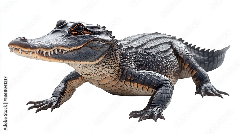 Naklejka premium Close-up of a realistic toy alligator on a white background.