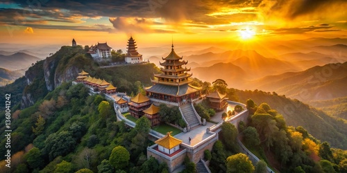 Serene Mountaintop Temple: Aerial View of Peaceful Buddhist Shrine