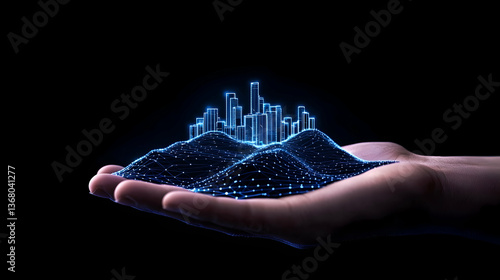 Glowing digital city model in open palm, dark background