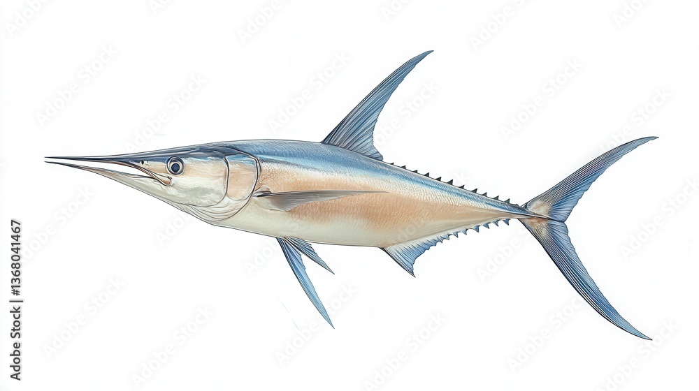 Illustration of a swordfish with a long, pointed bill and sleek body in marine colors. Illustration of a swordfish with a long, pointed bill and sleek body in marine colors.