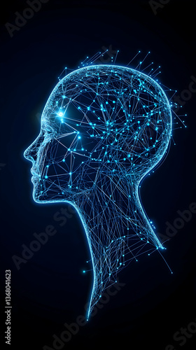 Glowing digital head profile, interconnected nodes forming a neural network