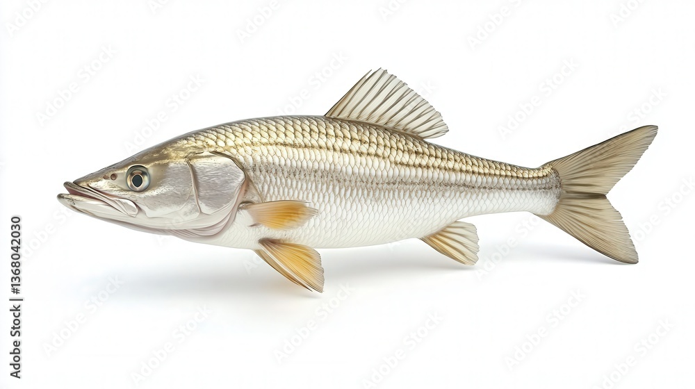Obraz premium Detailed illustration of a snook fish against a plain white background, showcasing its silvery scales and distinct features.